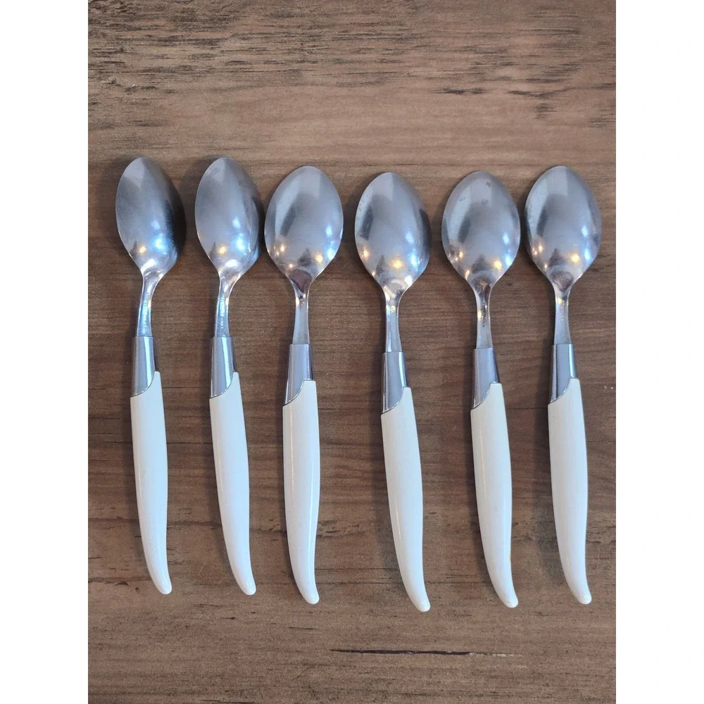 Vintage Robinson USA Stainless Steel Teaspoon Lot of 6 White Handle MCM Retro